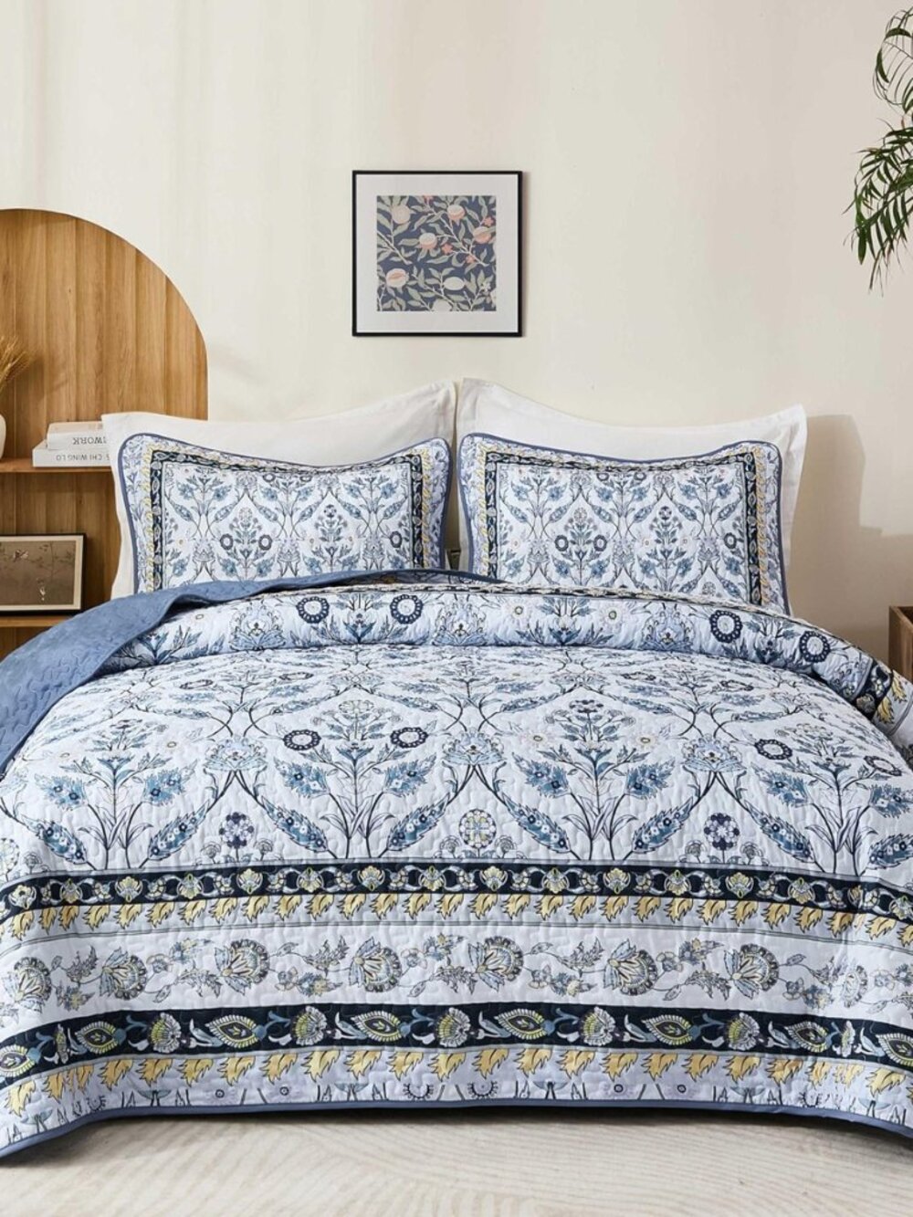 Queen Size Quilt Sets, Navy Blue Floral Quilt Set Queen 3 Pieces Boho Bedspread